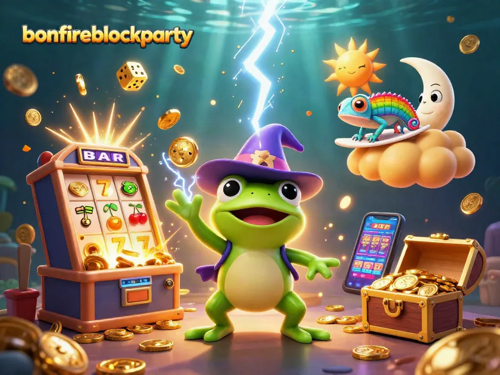 Join the bonfireblockparty fun with a vibrant casino scene featuring a wizard frog and chameleon.