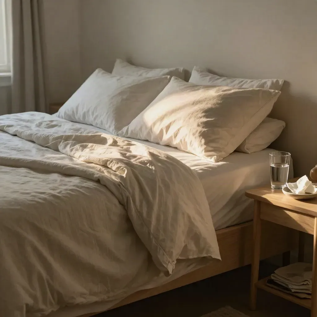Dormitorio de posparto sereno con cama ordenada, agua, manta ligera y luz suave de tarde.