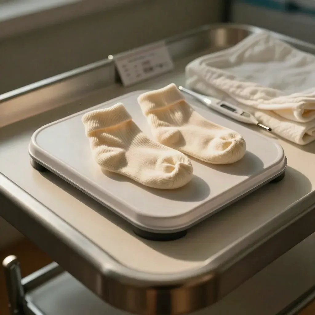 Escena clínica neonatal con báscula, calcetines diminutos, termómetro y manta suave.