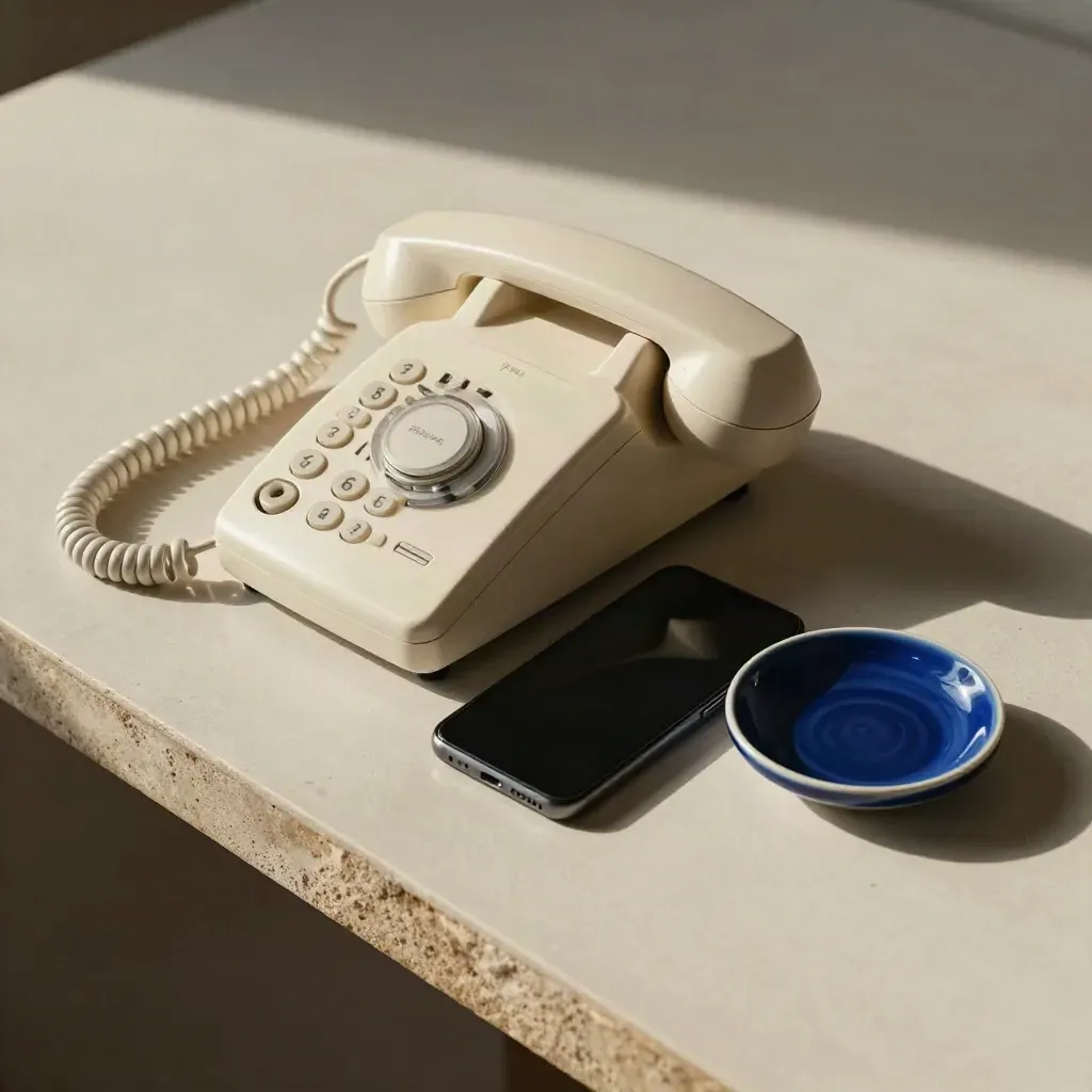 Teléfono fijo blanco, móvil apagado y cerámica azul sobre fondo claro con luz lateral.
