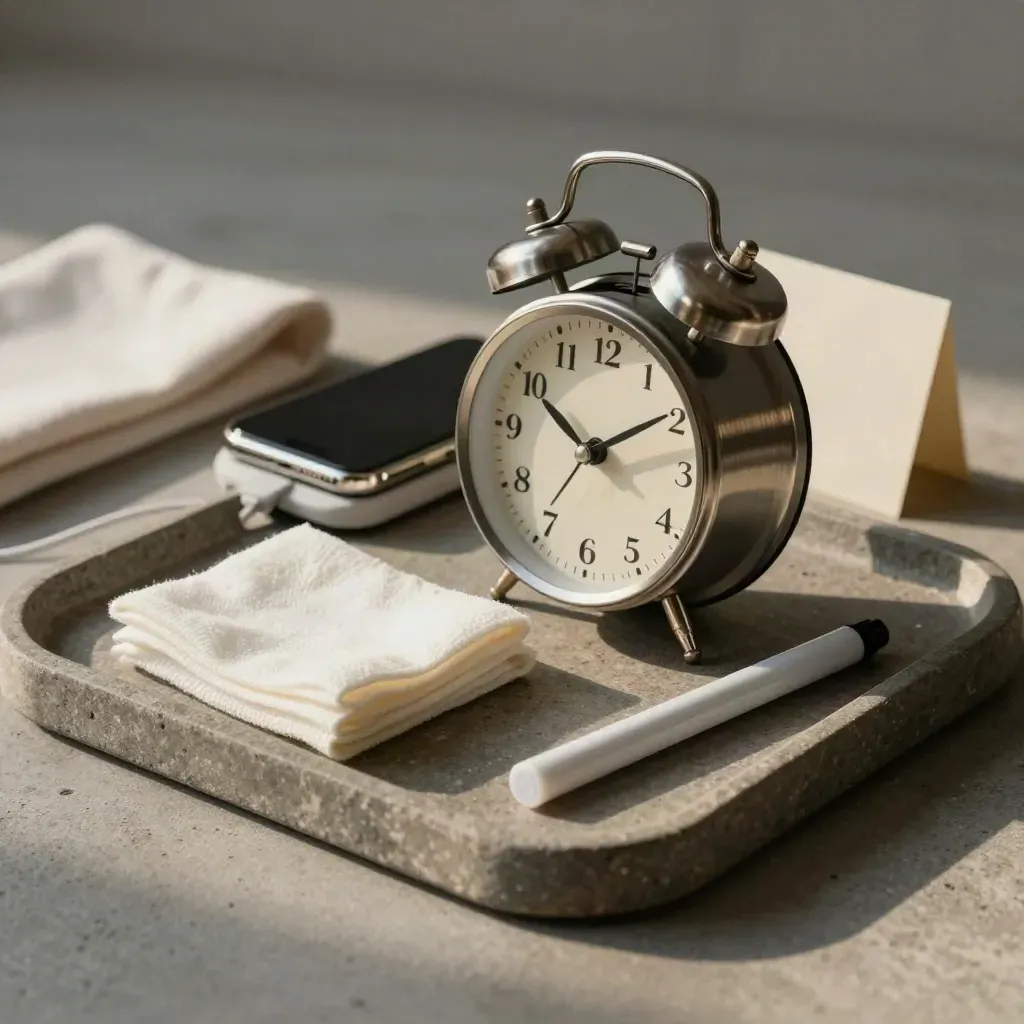 Bandeja de piedra con reloj, móvil en carga, gasa doblada y rotulador suave en luz lateral.