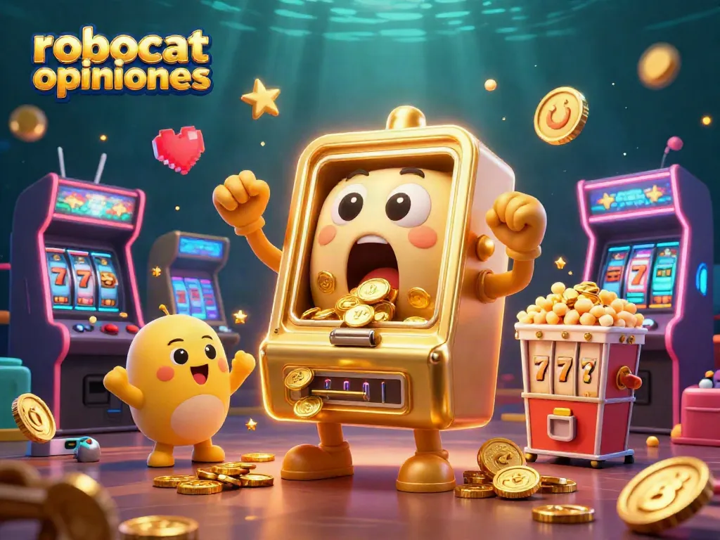 Experience the thrill of robocat opiniones as cartoon slot machines celebrate a jackpot.